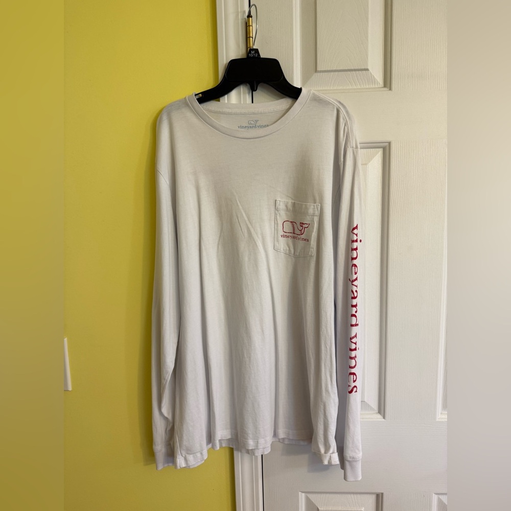 Vineyard Vines White Long-Sleeve Pocket Tee with Pink Logo